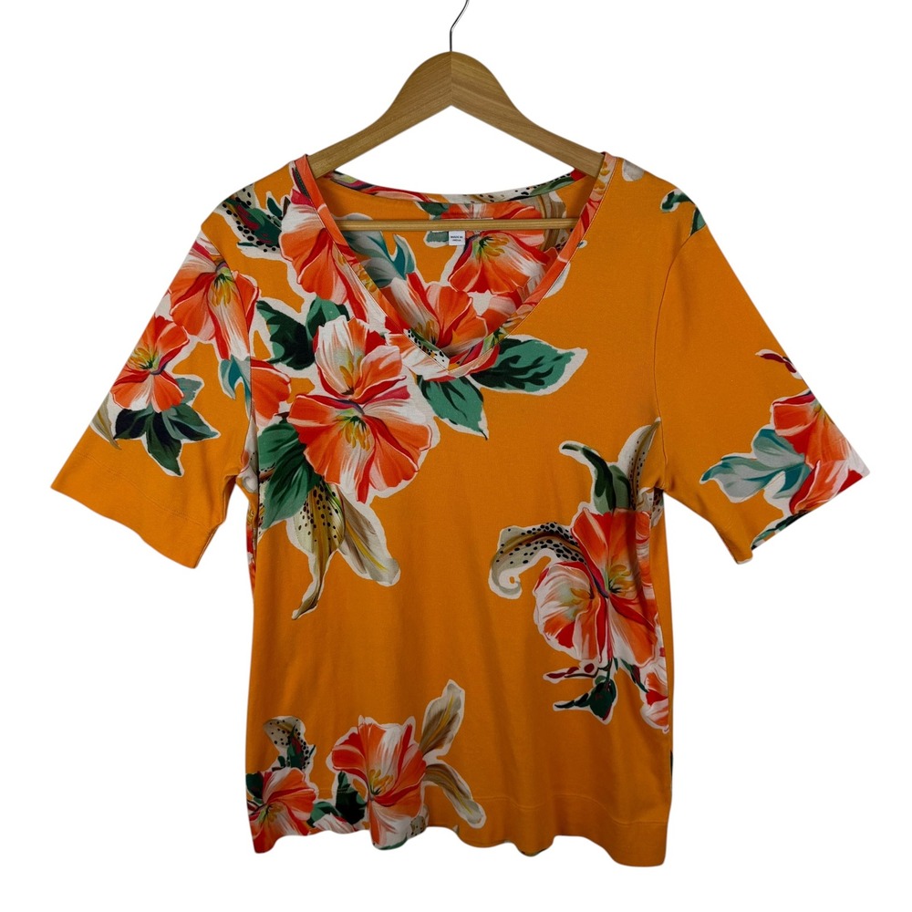 Chicos Tropical Floral Pima Cotton Tee Size 2 Large Stretch Comfy Colorful Bold